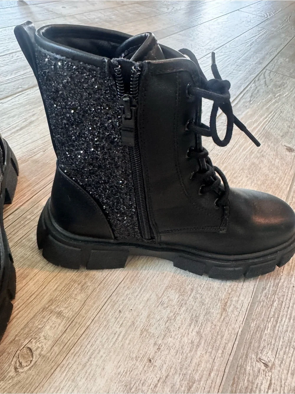 Girls Black Sparkle Lace-Up Combat Boots